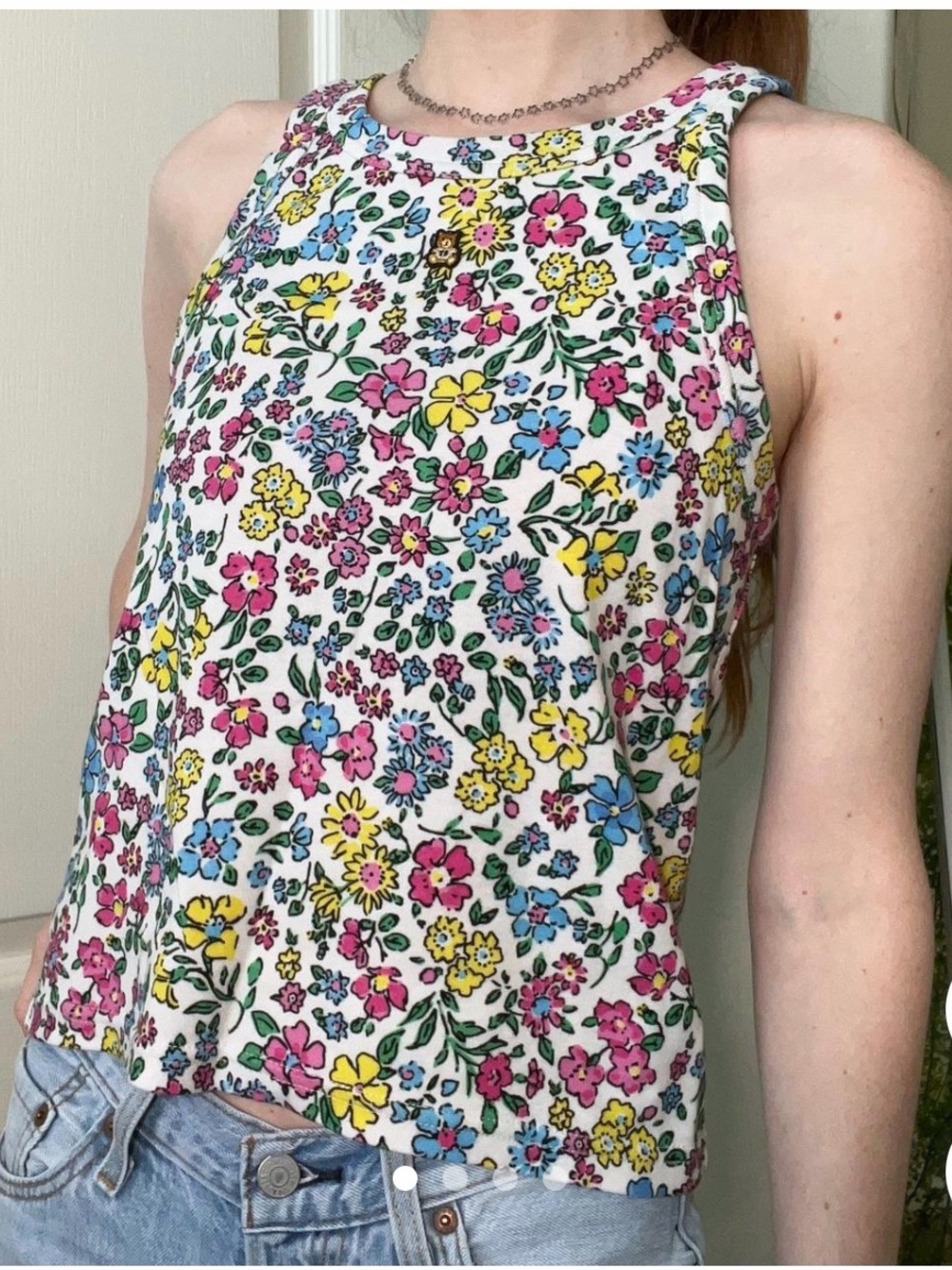 Teddy Fresh White Floral Tank with Pink Yellow Blue Accents